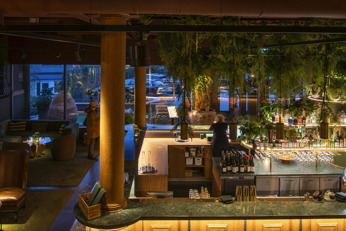 Atmospheric LED lighting of the bar area at Hotel Villa Foresta, Stockholm.