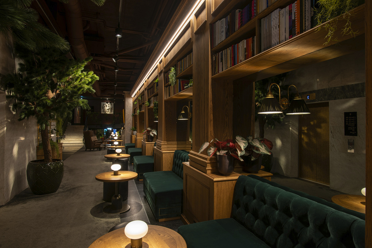 Atmospheric LED lighting by ERCO in Hotel Villa Foresta, Stockholm, highlighting architectural details.