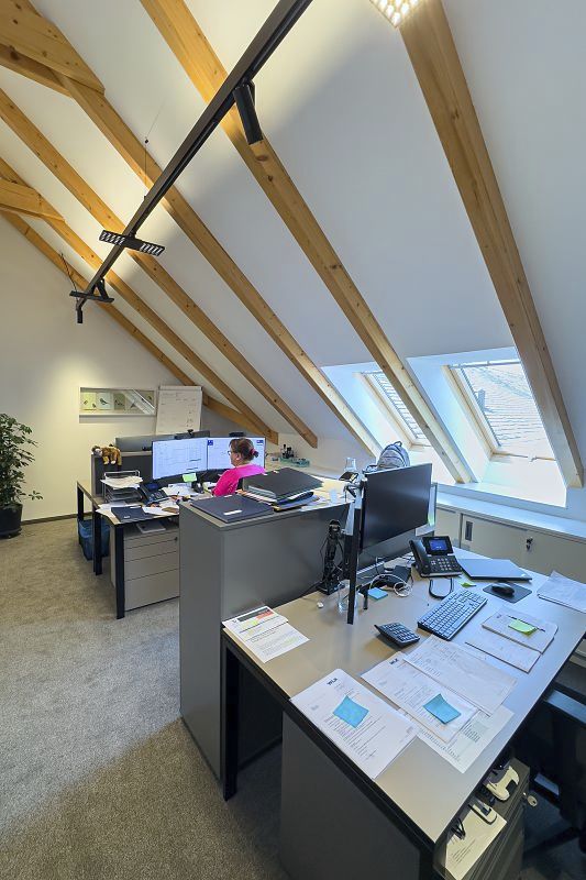 ERCO Jilly downlights and Uniscan spotlights in a WLK Energy office for flexible office lighting.