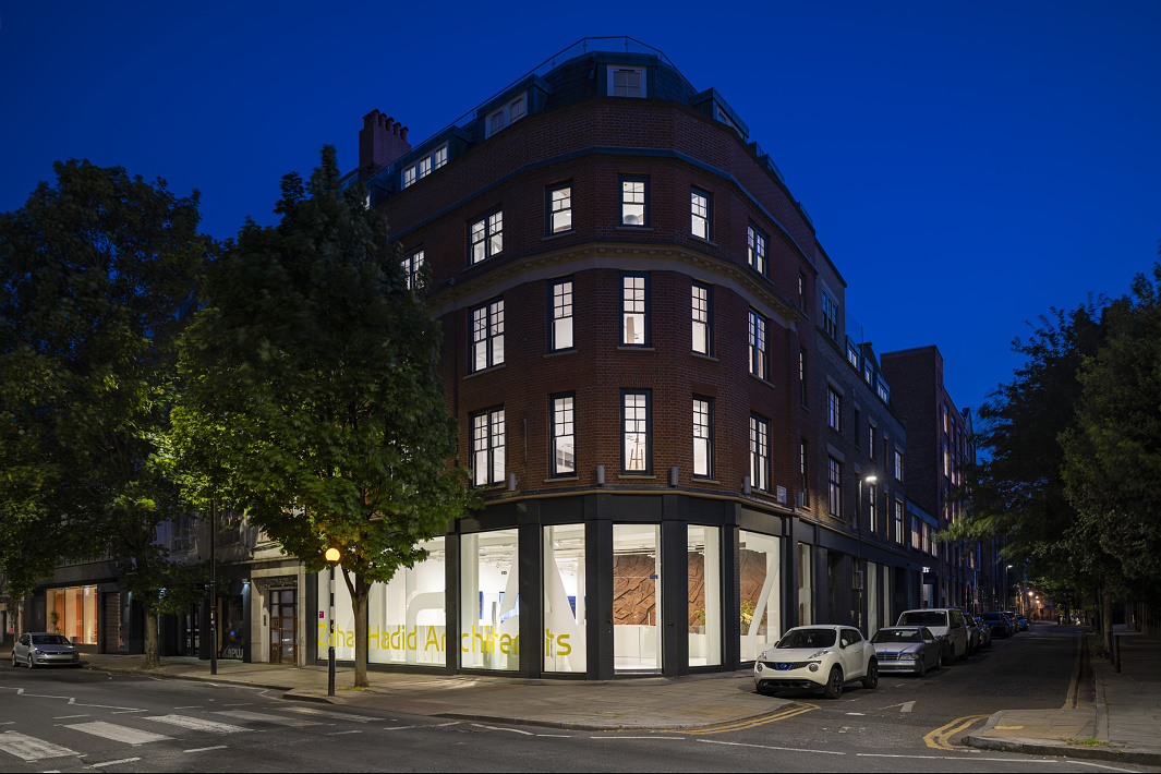 Zaha Hadid Architects building in London, featuring ERCO LED lighting for modern office design.