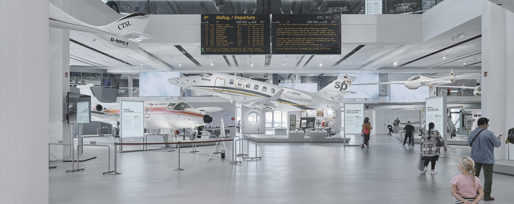ERCO LED lighting illuminates aircraft exhibits at Deutsches Museum, Munich's aviation hall.