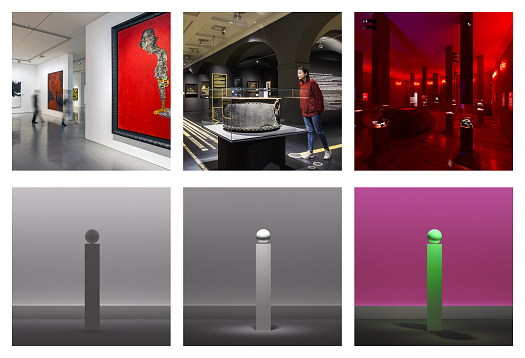 Examples of ambient luminescence, focal glow, and play of brilliants in lighting design.
