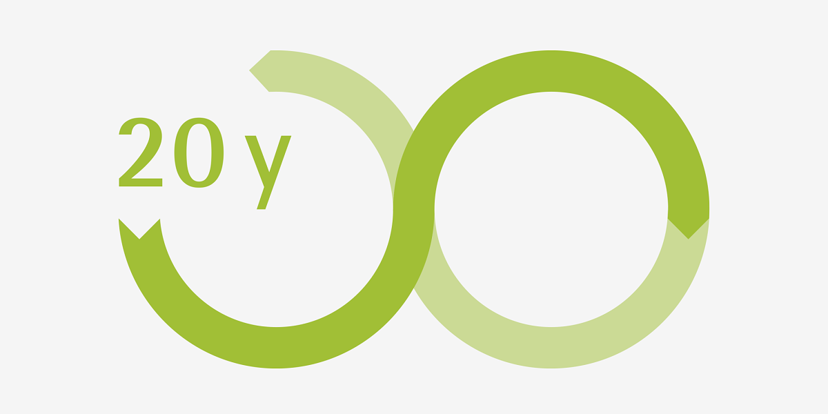 Symbol representing the 20-year service life of ERCO Iku downlights, designed for long-term operation.